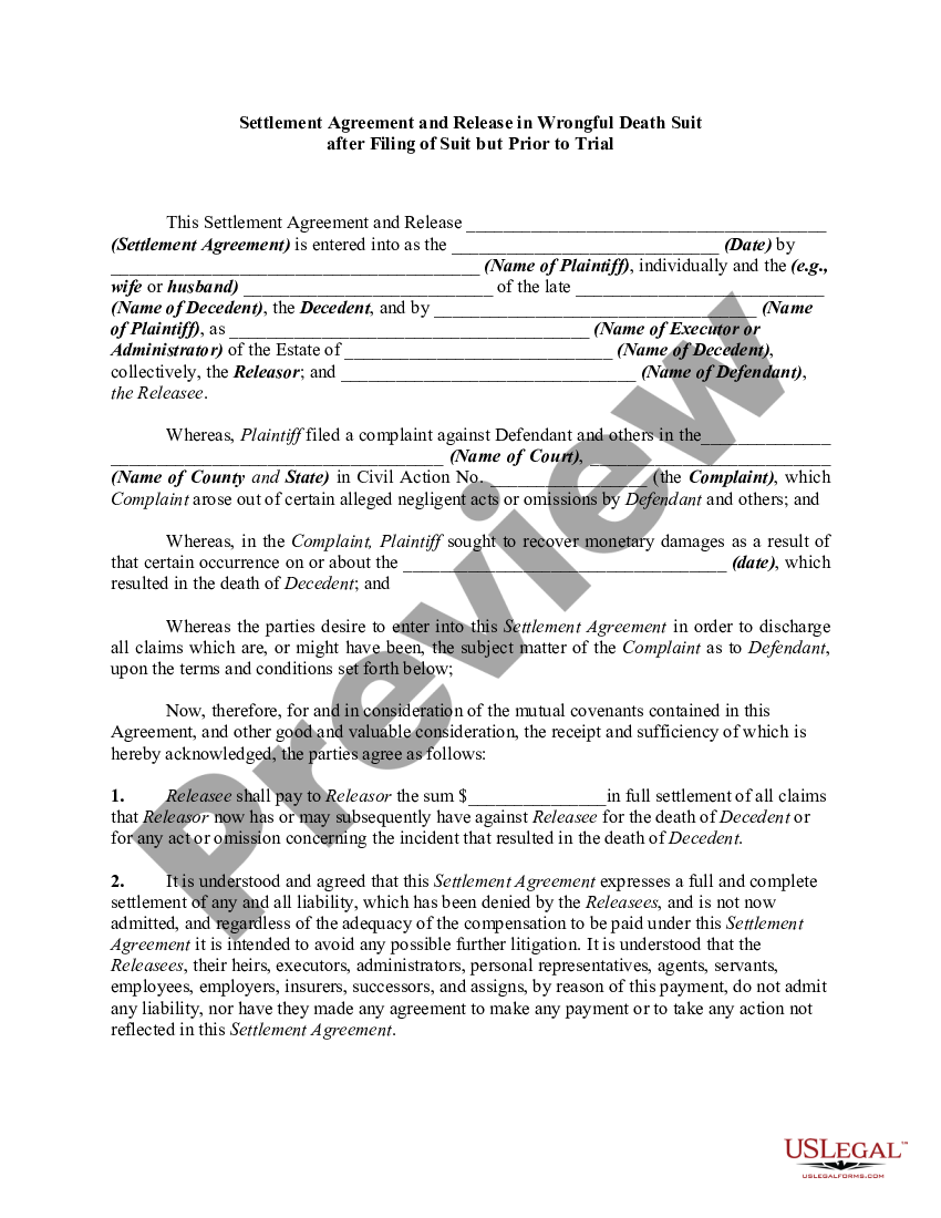 Settlement Agreement and Release in Wrongful Death Suit after Filing of ...