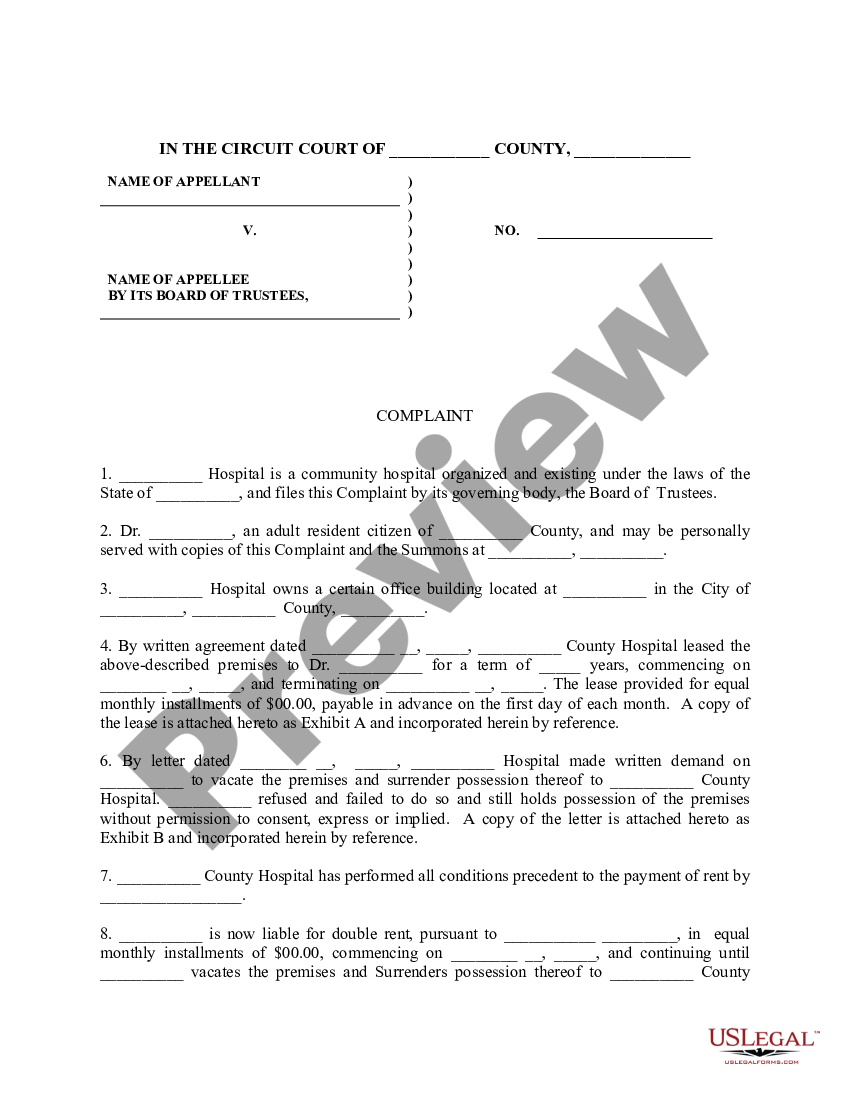 Complaint regarding double rent damages for holdover - Holdover | US ...