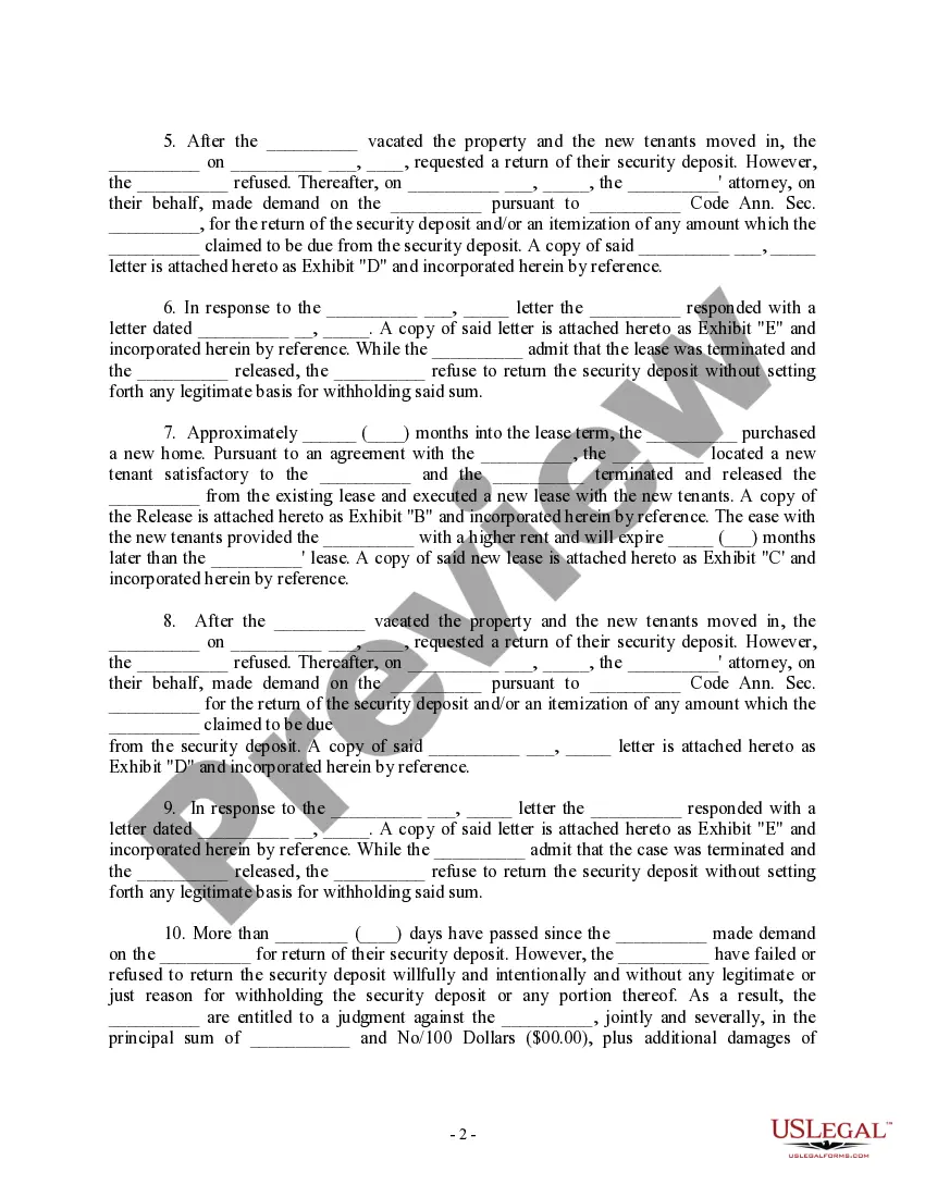 Get Complaint - Lessor Failure to Return Security Deposit Preview Complaint - Lessor Failure to Return Security Deposit