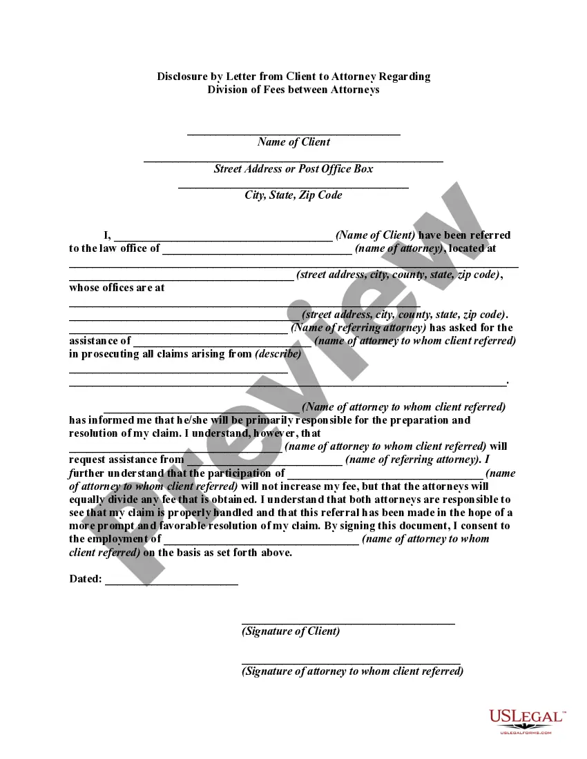 Preview Disclosure by Letter from Client to Attorney Regarding Division of Fees between Attorneys