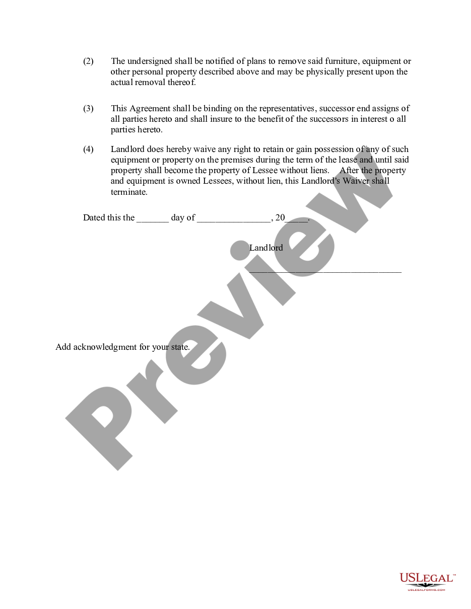 page 1 Landlord's Waiver - needed to mortgage equipment in leased premises preview