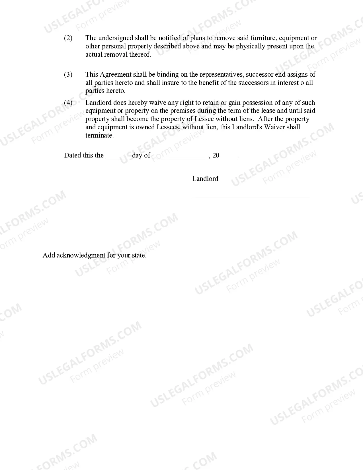 Preview Landlord's Waiver - needed to mortgage equipment in leased premises