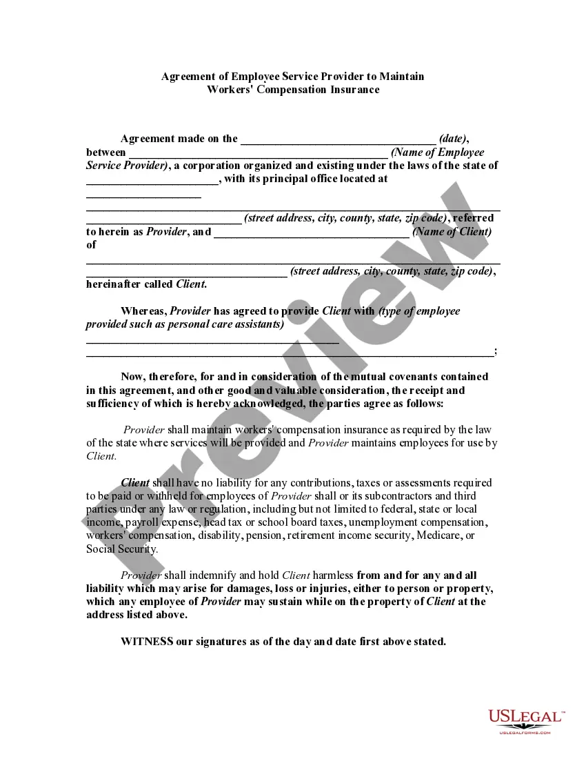 Preview Agreement of Employee Service Provider to Maintain Workers Compensation Insurance