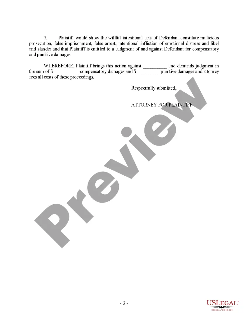 Get Complaint for malicious prosecution Preview Complaint for malicious prosecution