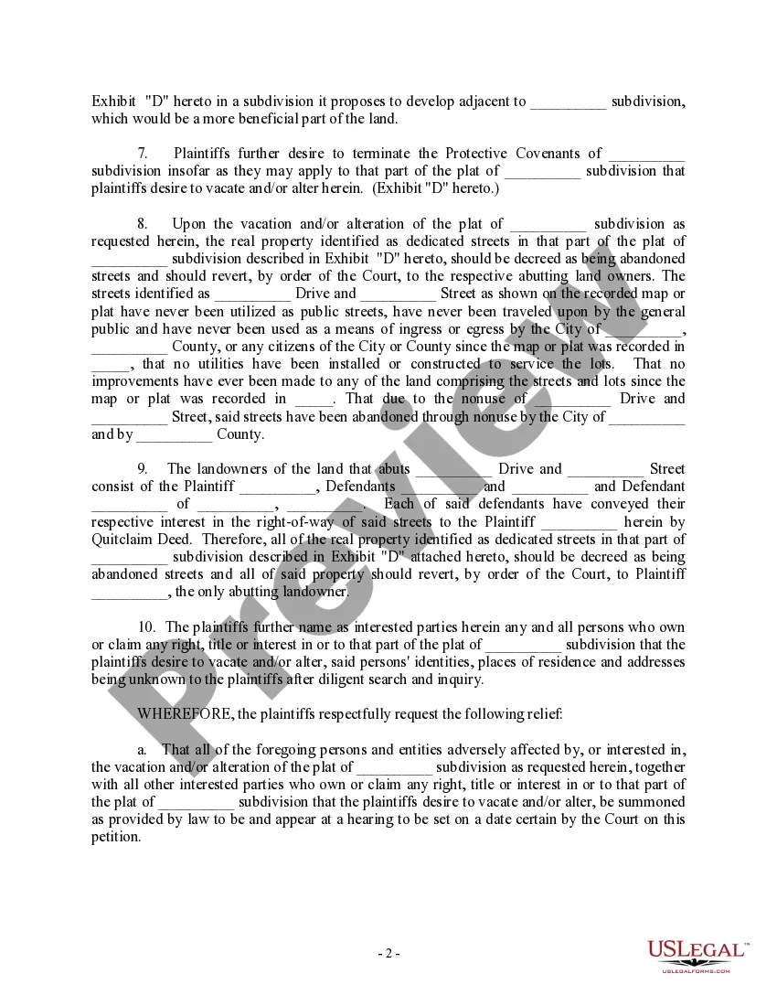Get Complaint to Vacate and / or Alter a Recorded Plat and for other Relief Preview Complaint to Vacate and / or Alter a Recorded Plat and for other Relief