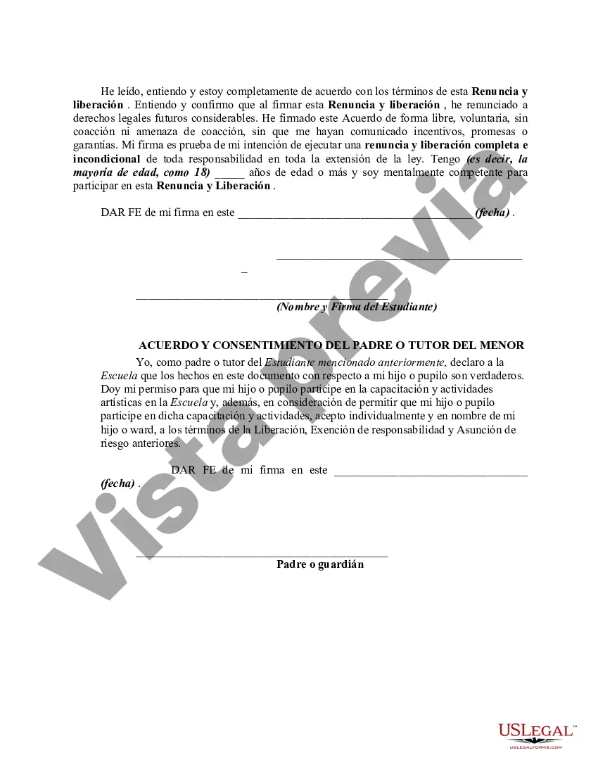 Get Renuncia y exención de responsabilidad por lesiones si se mantienen en la escuela o clase de arte Preview Renuncia y exención de responsabilidad por lesiones si se mantienen en la escuela o clase de arte