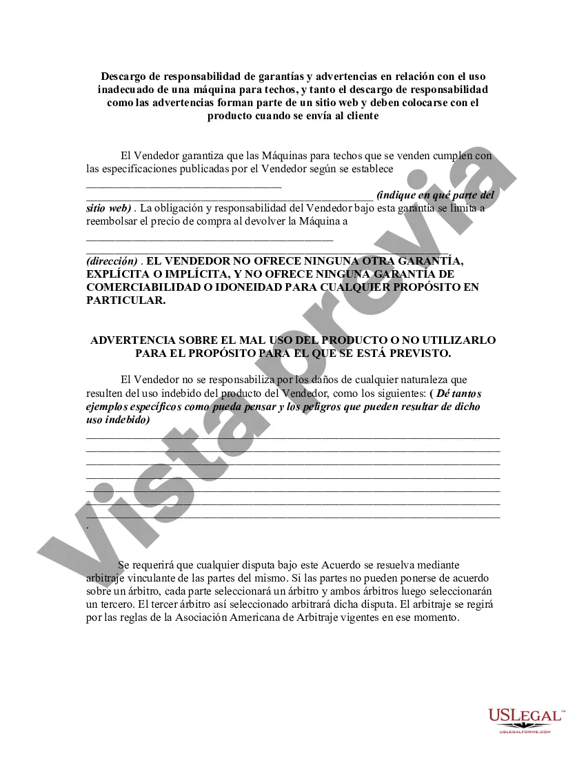 Preview Descargo de responsabilidad de garantías y advertencias en relación con el uso inadecuado de una máquina para techos, y tanto el descargo de responsabilidad como las advertencias forman parte de un sitio web y deben colocarse con el producto cuando se envía al cliente