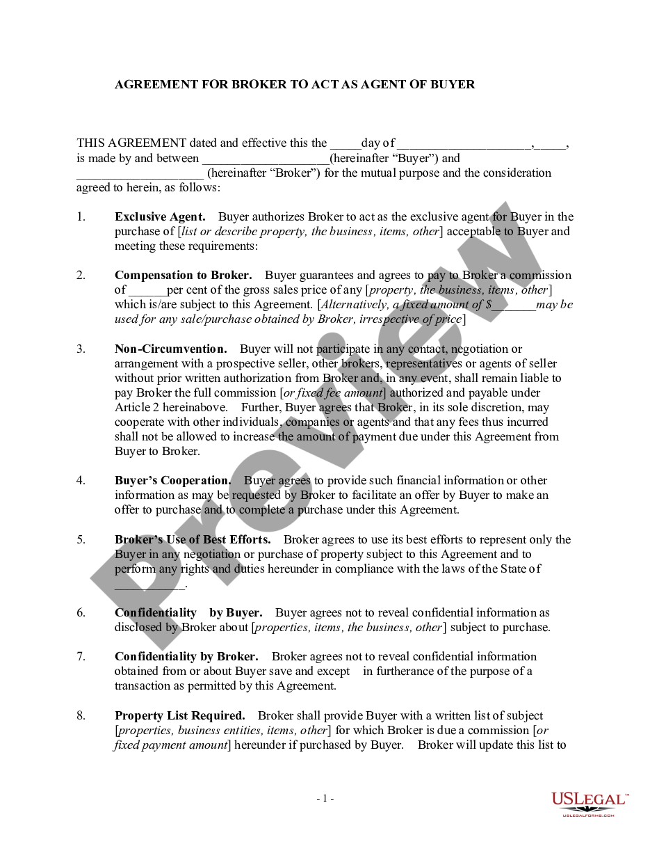 page 0 Agreement for Broker to Act as Agent of Buyer preview