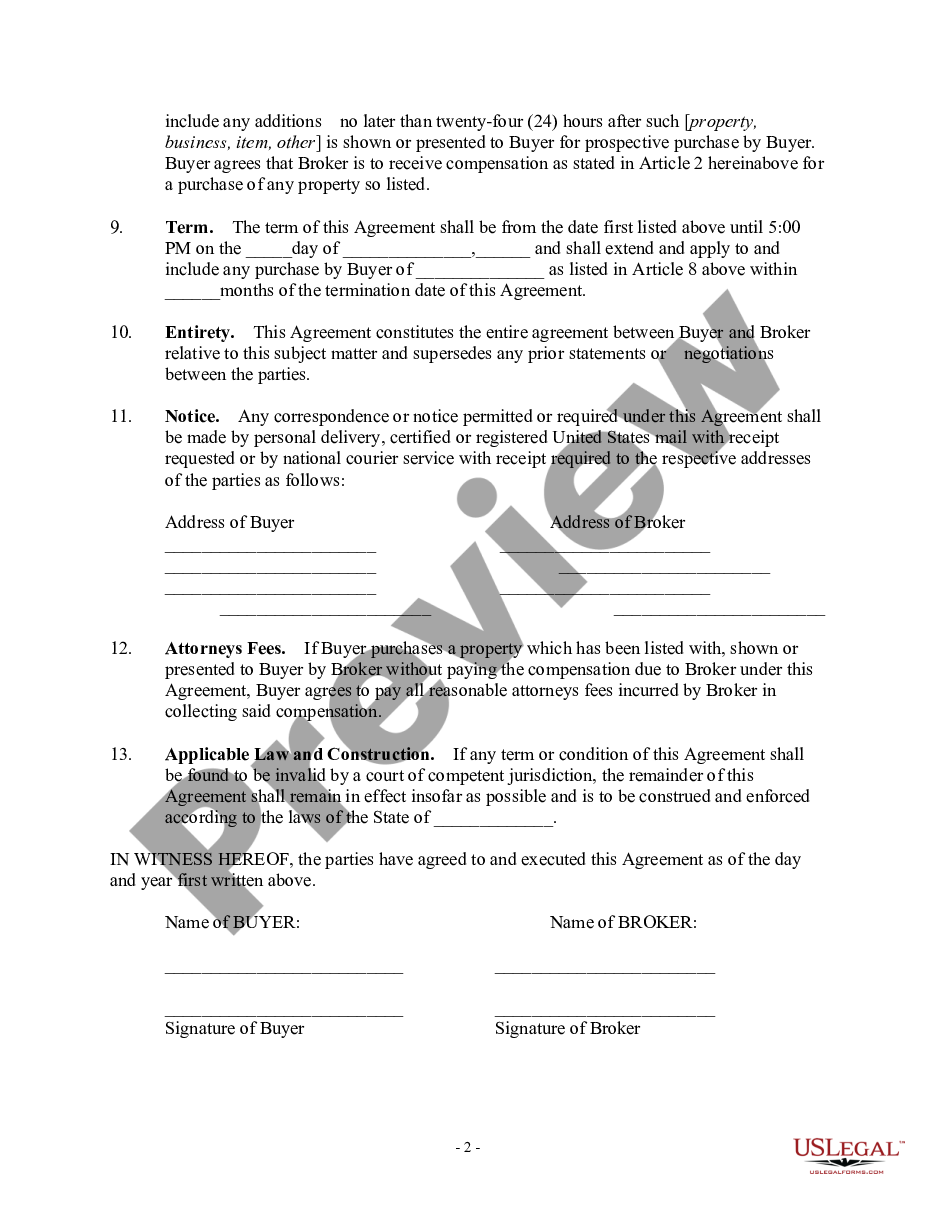 form Agreement for Broker to Act as Agent of Buyer preview
