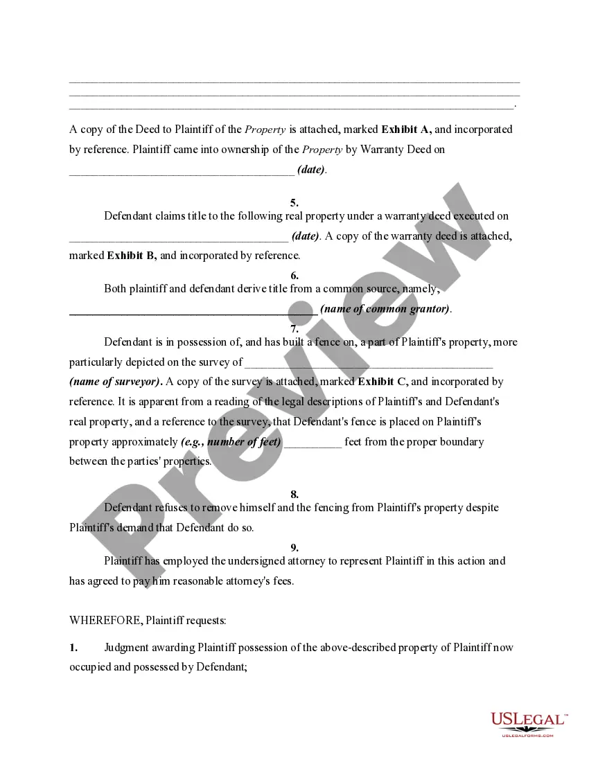 Get Complaint, Petition, or Declaration for Recovery of Possession of Property due to Fence Built by Adjoining Landowner on Plaintiff's Property Preview Complaint, Petition, or Declaration for Recovery of Possession of Property due to Fence Built by Adjoining Landowner on Plaintiff's Property