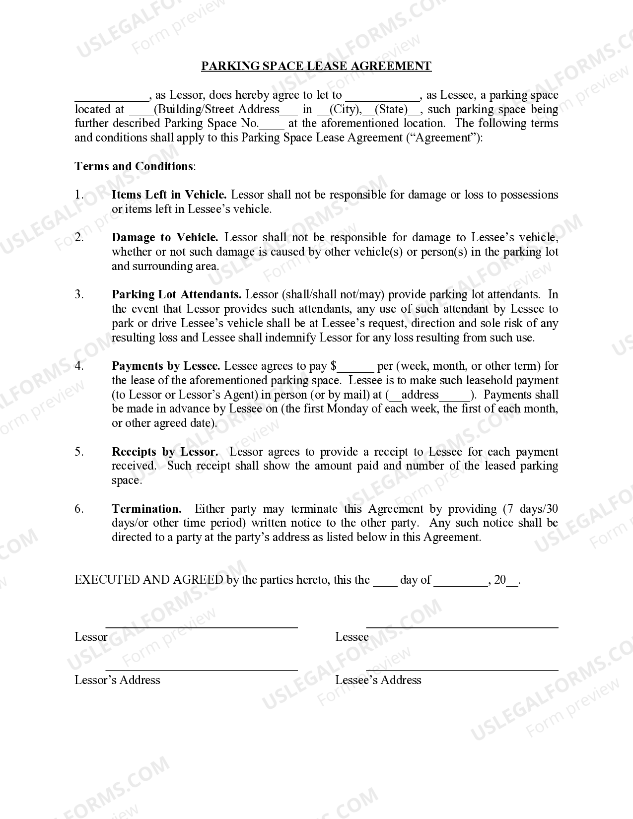 Mississippi Parking Space Lease Lease Form Tenant Agreement US 