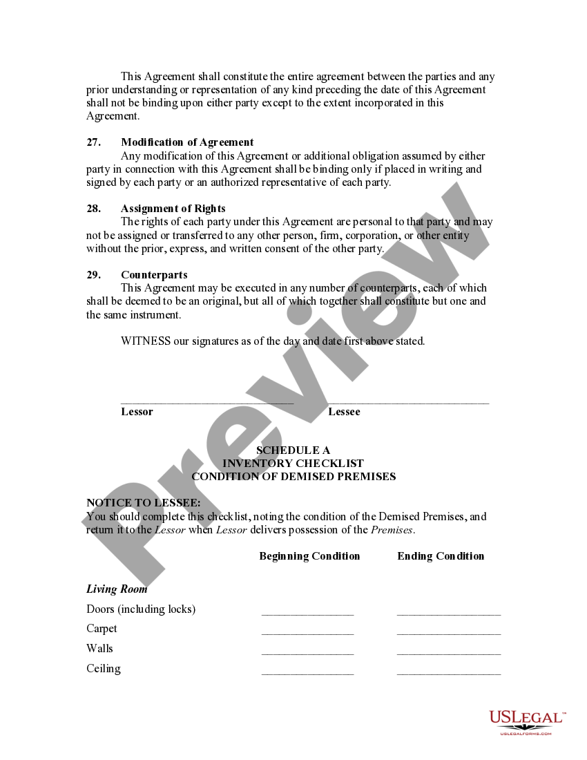 North Carolina Lease of Unfurnished House with Inventory Checklist