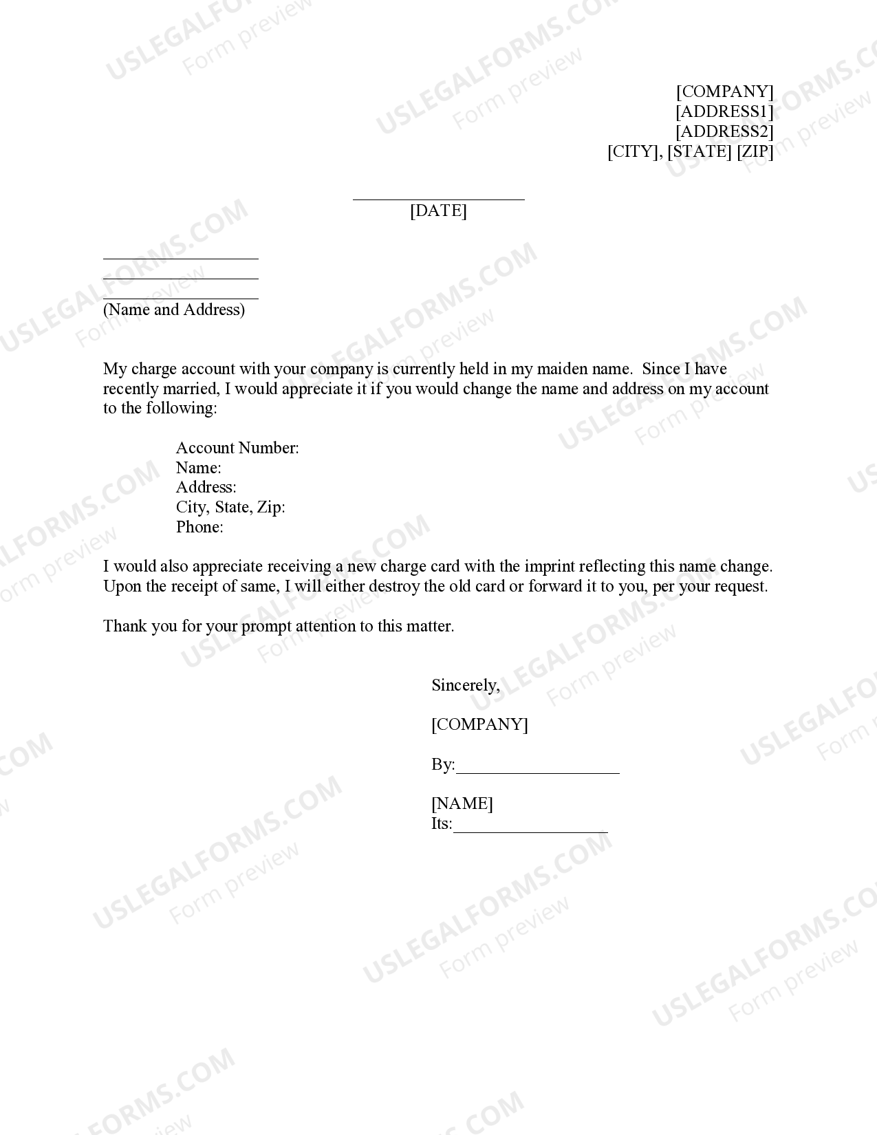 Request for Name Change on Charge Card Request Name Change US Legal