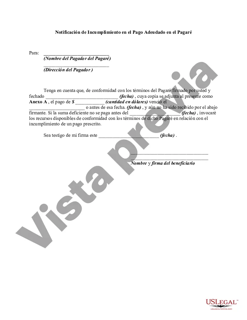 Preview Notificación de Incumplimiento en el Pago Adeudado en el Pagaré