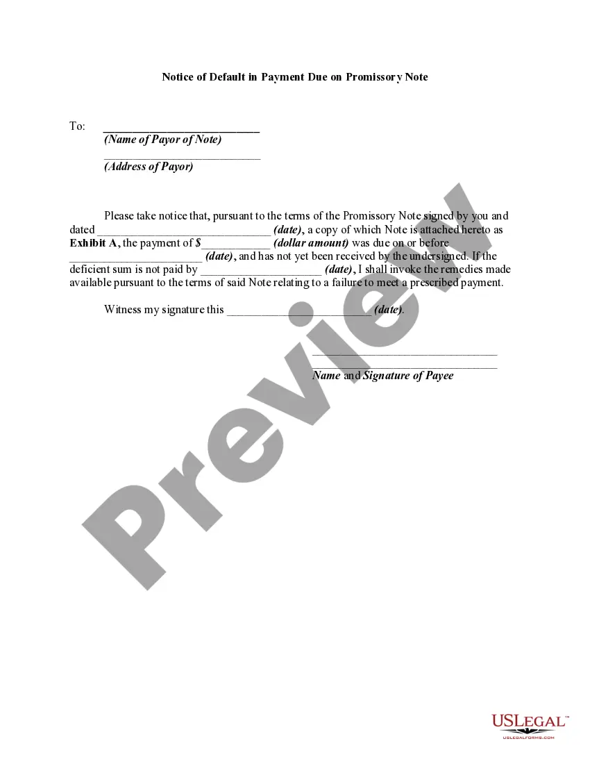 Get Notice of Default in Payment Due on Promissory Note Preview Notice of Default in Payment Due on Promissory Note