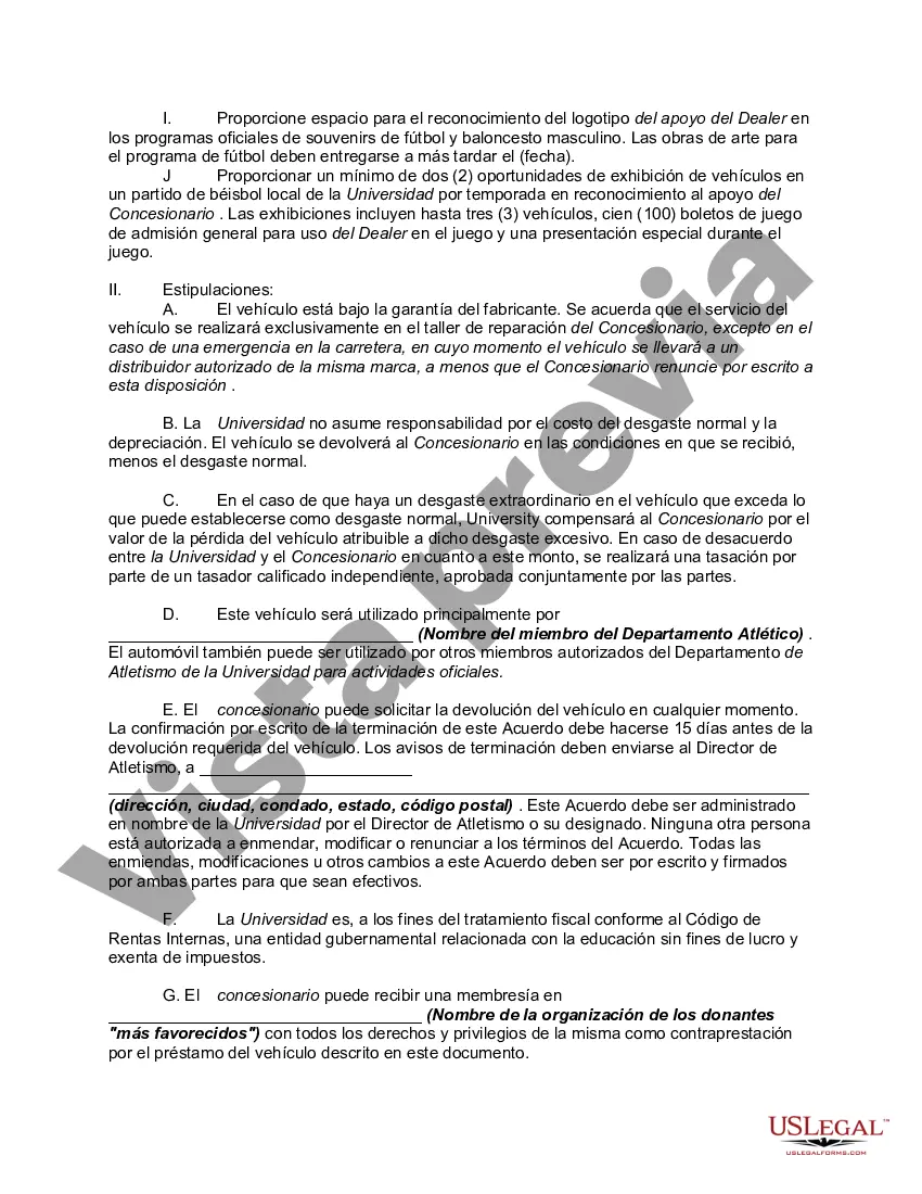 Preview Convenio de Préstamo de Automóvil al Departamento de Atletismo de la Universidad con Fines Promocionales