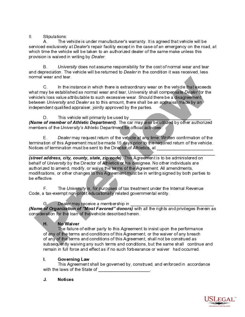 Get Agreement to Loan Automobile to University Athletic Department for Promotional Purposes Preview Agreement to Loan Automobile to University Athletic Department for Promotional Purposes