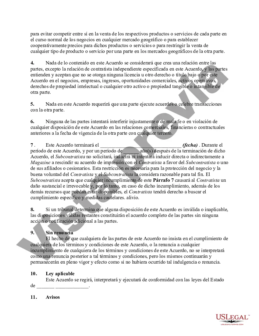 Preview Acuerdo de subcontratista entre dos empresas en el negocio de impresión, incluido el convenio del subcontratista de no solicitar al cliente del contratista