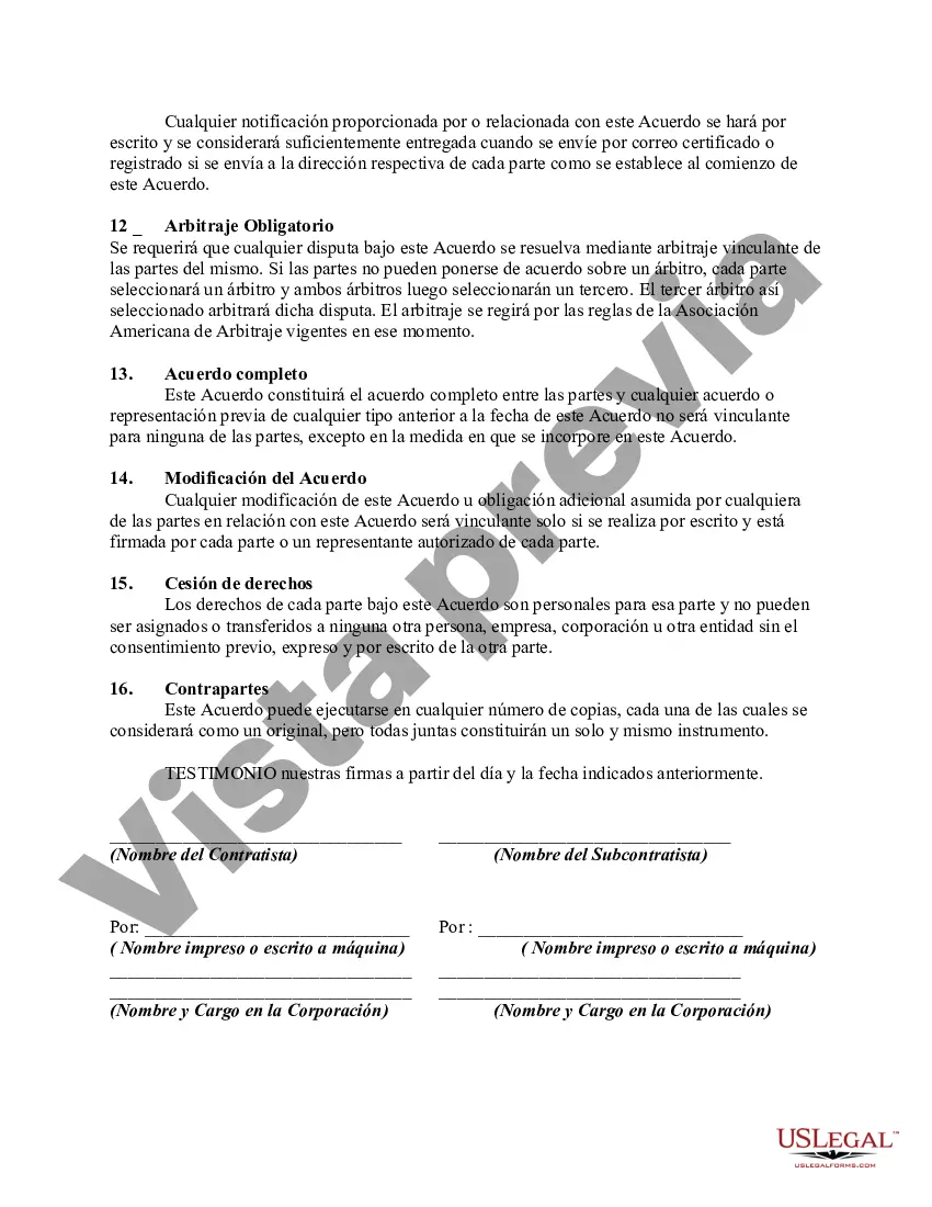 Preview Acuerdo de subcontratista entre dos empresas en el negocio de impresión, incluido el convenio del subcontratista de no solicitar al cliente del contratista