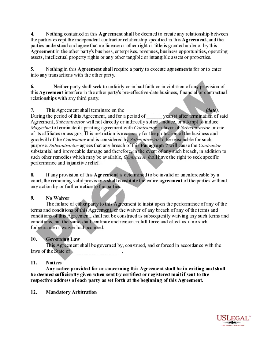 Get Subcontractor's Agreement between Two Companies in Printing Business including Covenant by Subcontractor not to Solicit Contractor's Customer Preview Subcontractor's Agreement between Two Companies in Printing Business including Covenant by Subcontractor not to Solicit Contractor's Customer