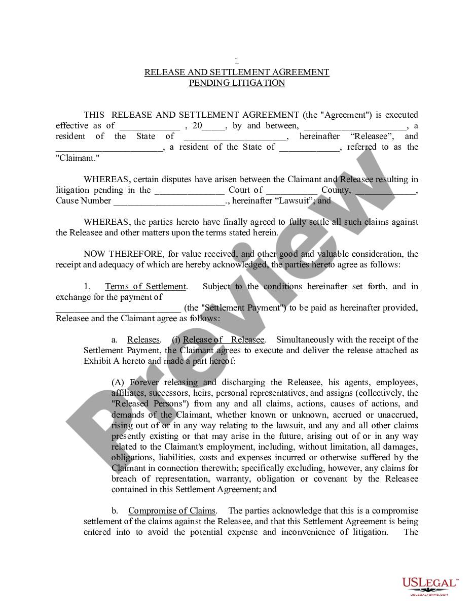 page 0 Settlement Agreement and Release of Claims - Pending Litigation - General Form preview