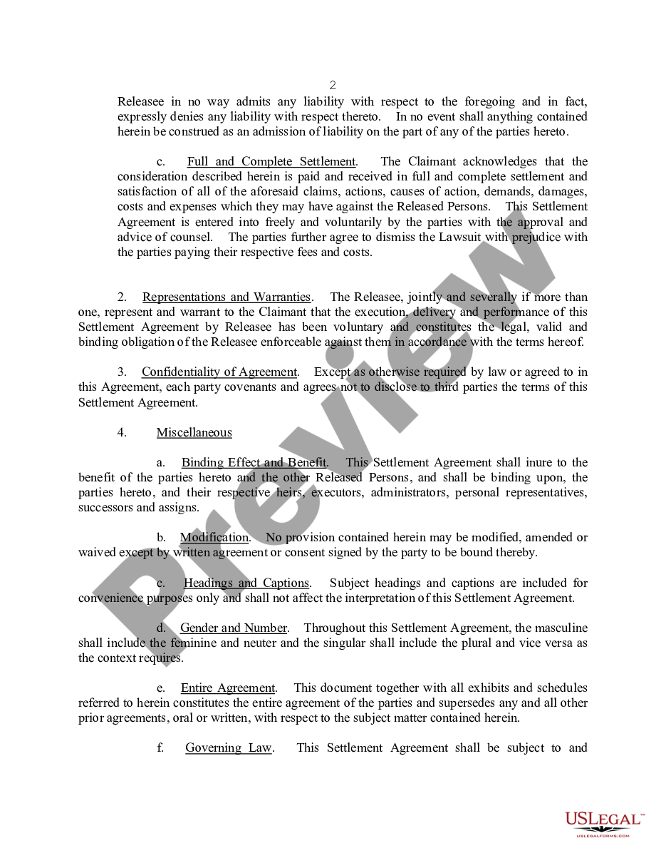 page 1 Settlement Agreement and Release of Claims - Pending Litigation - General Form preview