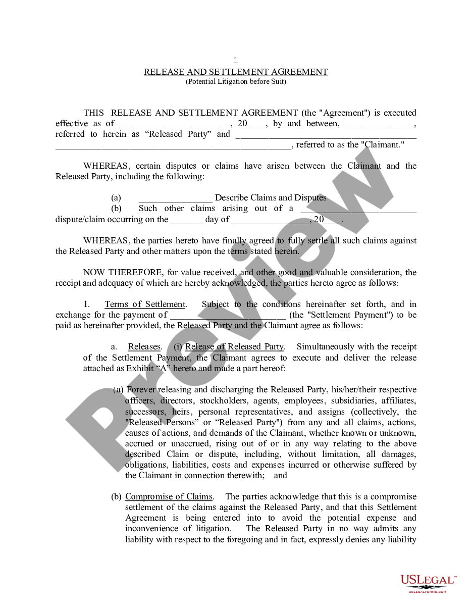 page 0 Release and Settlement Agreement - Potential Litigation before Suit preview