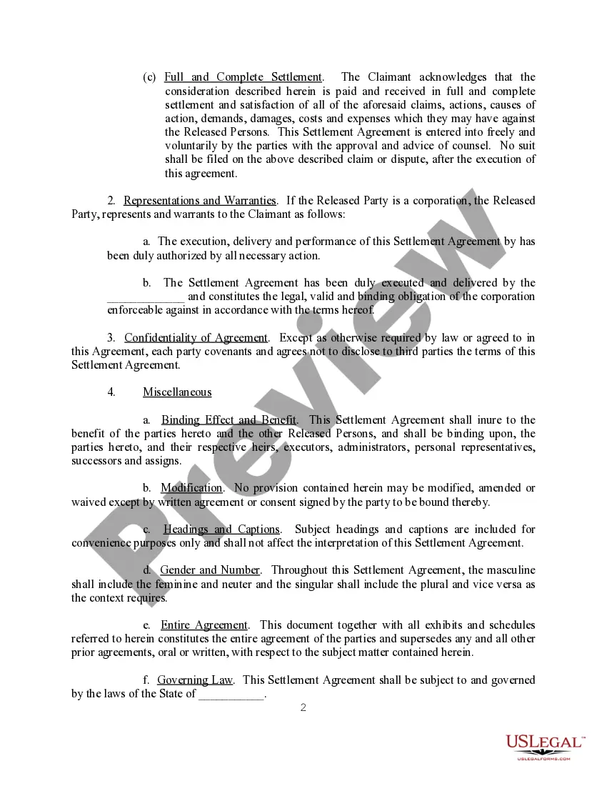 Get Release and Settlement Agreement - Potential Litigation before Suit Preview Release and Settlement Agreement - Potential Litigation before Suit