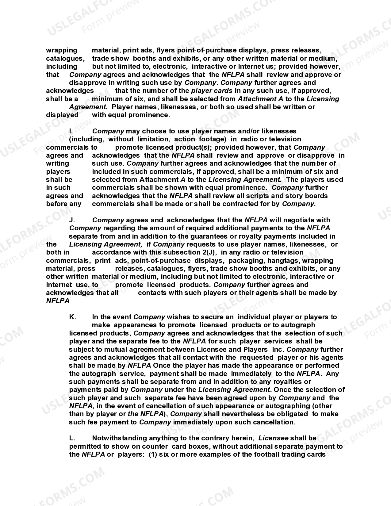 Preview Licensing Agreement for NFL Football Trading Cards