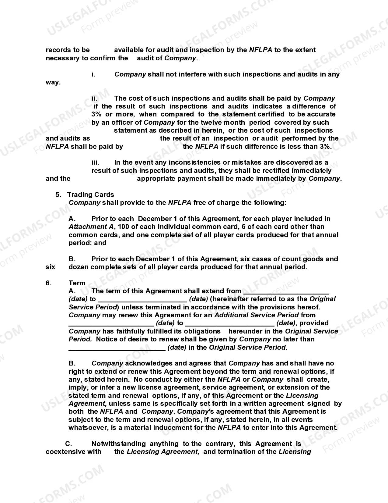 Preview Licensing Agreement for NFL Football Trading Cards