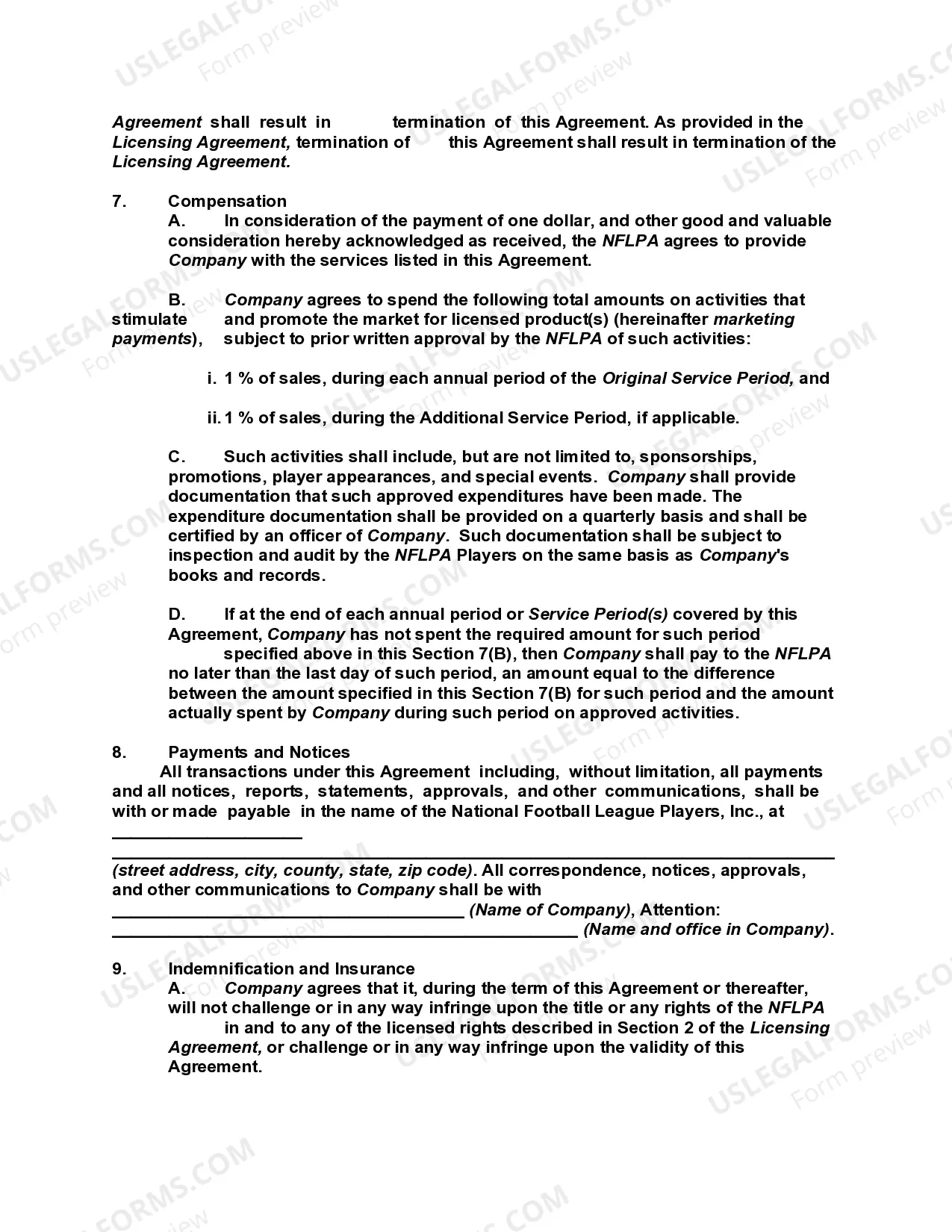 Preview Licensing Agreement for NFL Football Trading Cards