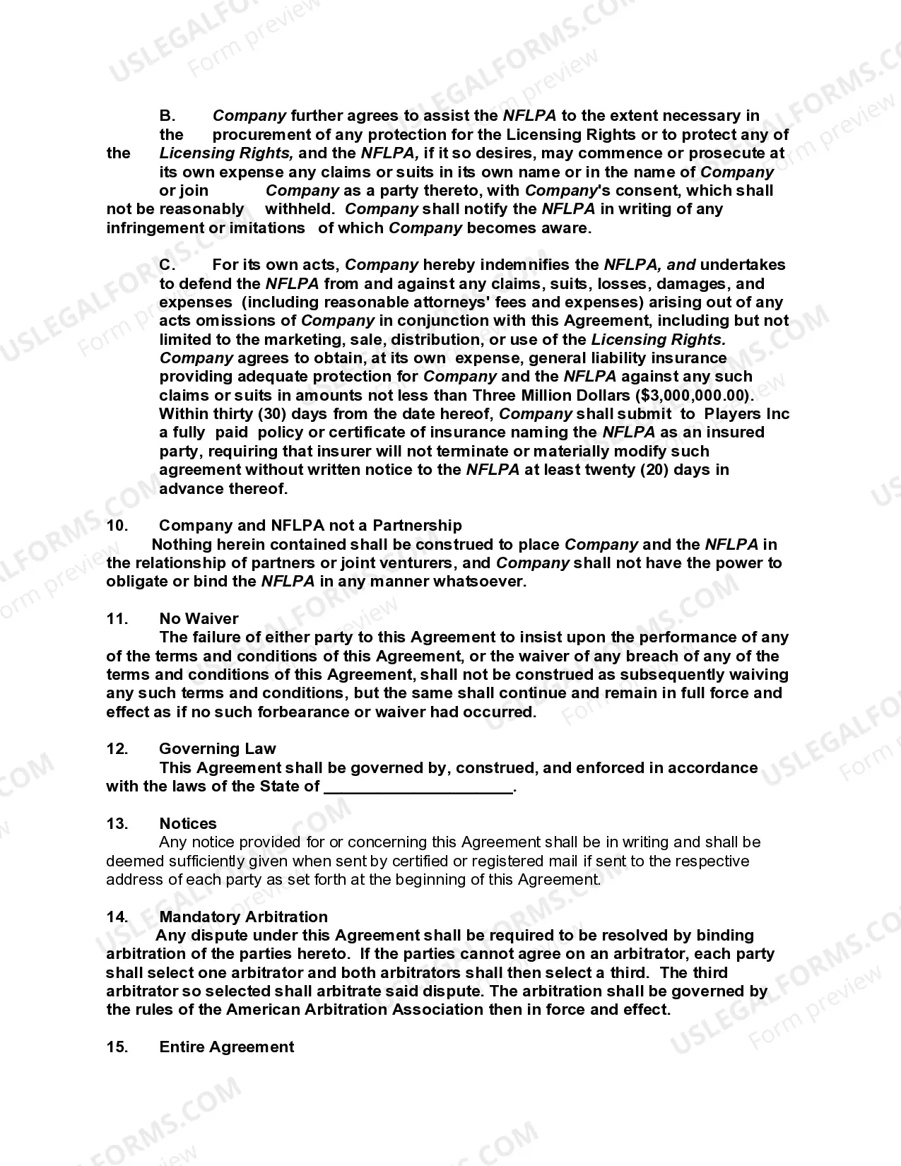 Preview Licensing Agreement for NFL Football Trading Cards