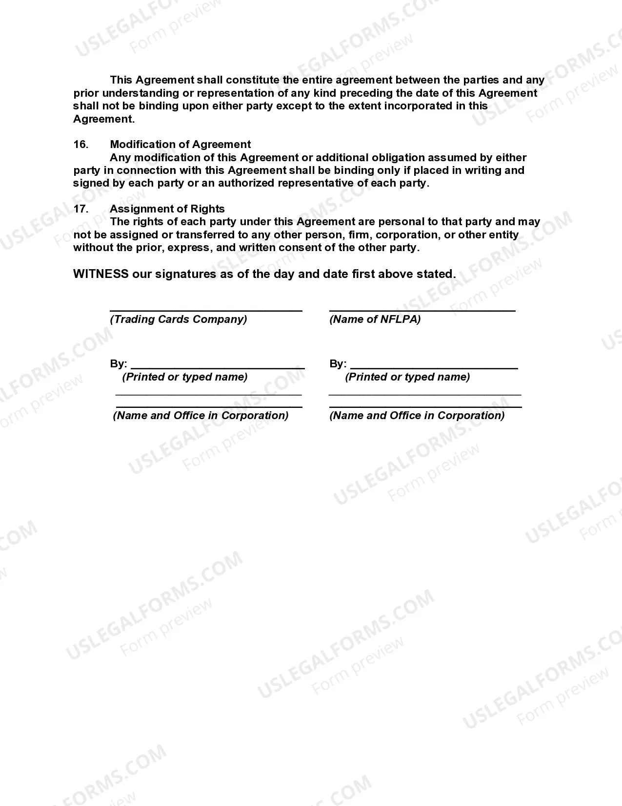 Preview Licensing Agreement for NFL Football Trading Cards