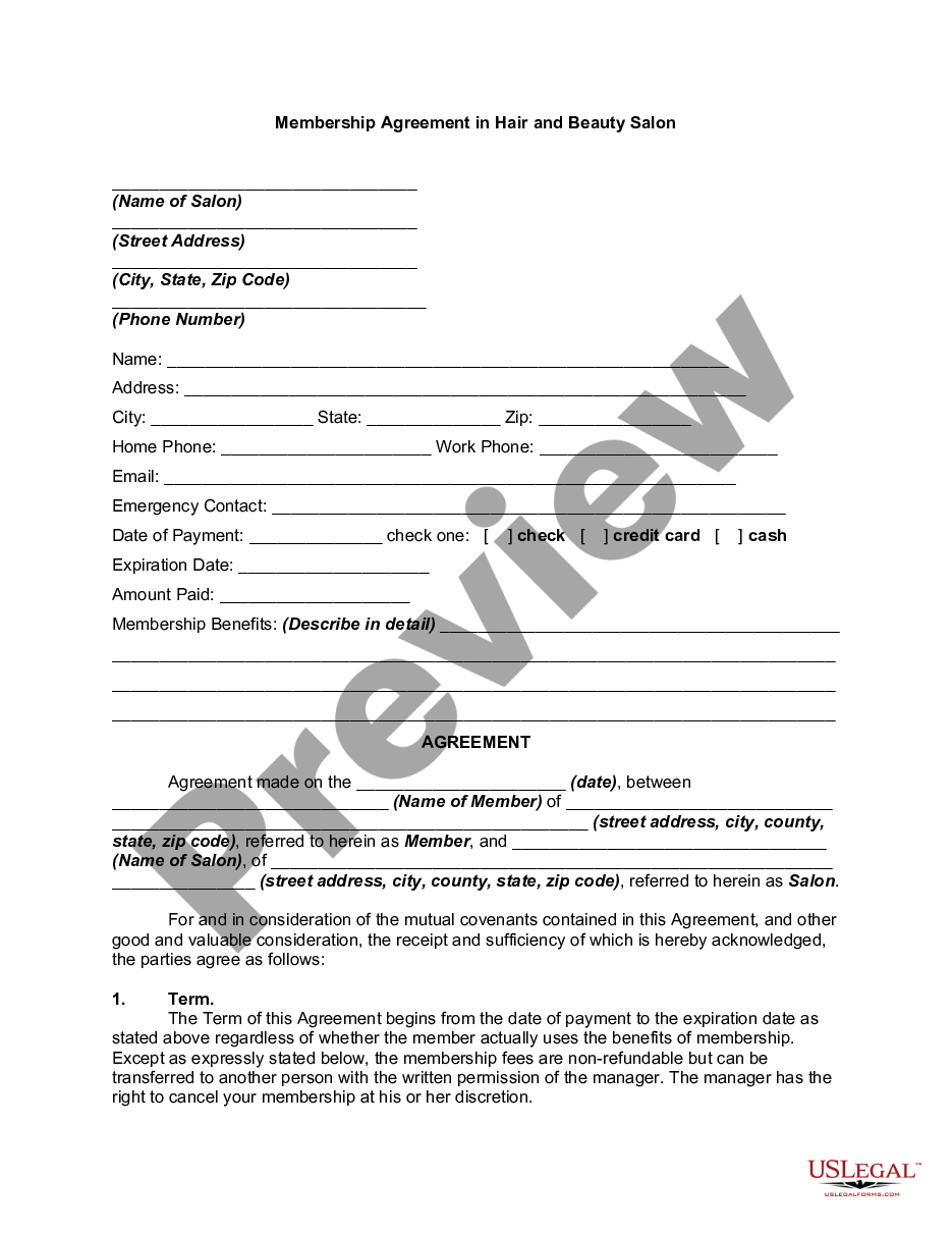 Agreement Salon Contract Form US Legal Forms