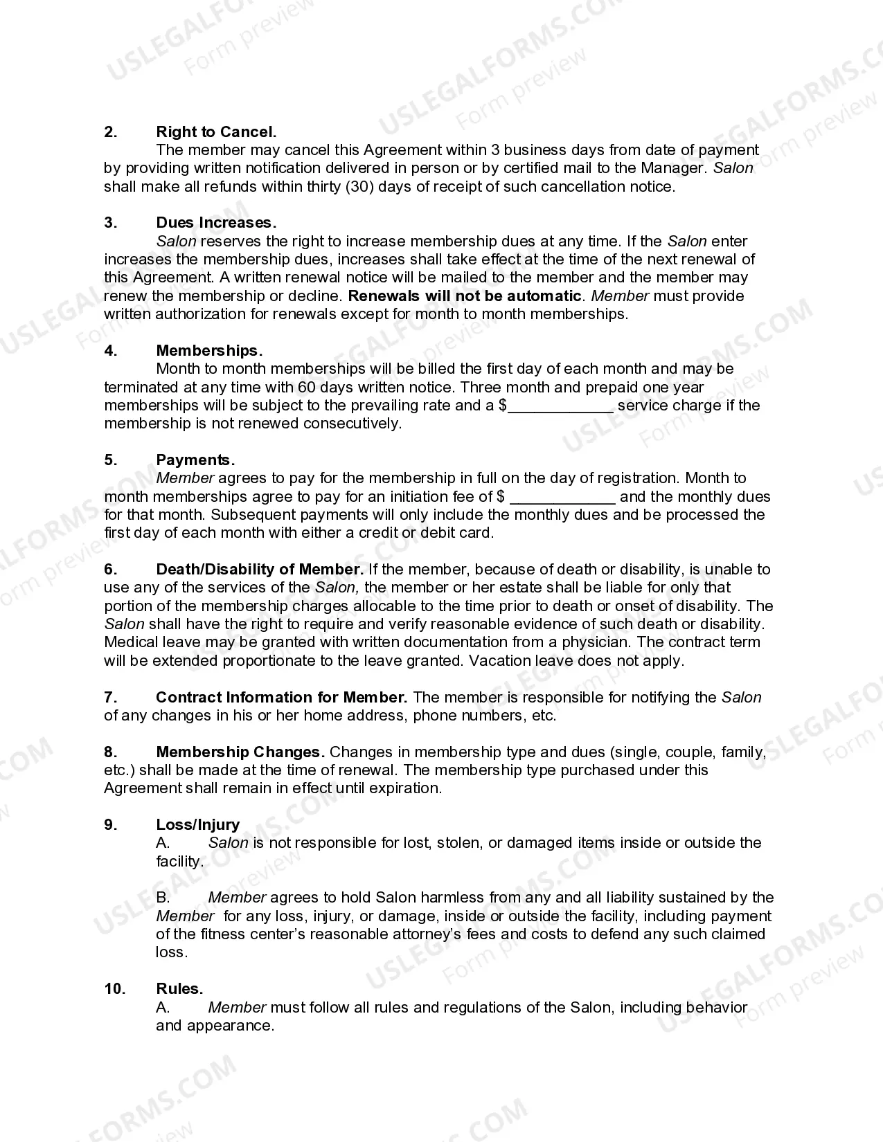 Preview Membership Agreement in Hair and Beauty Salon