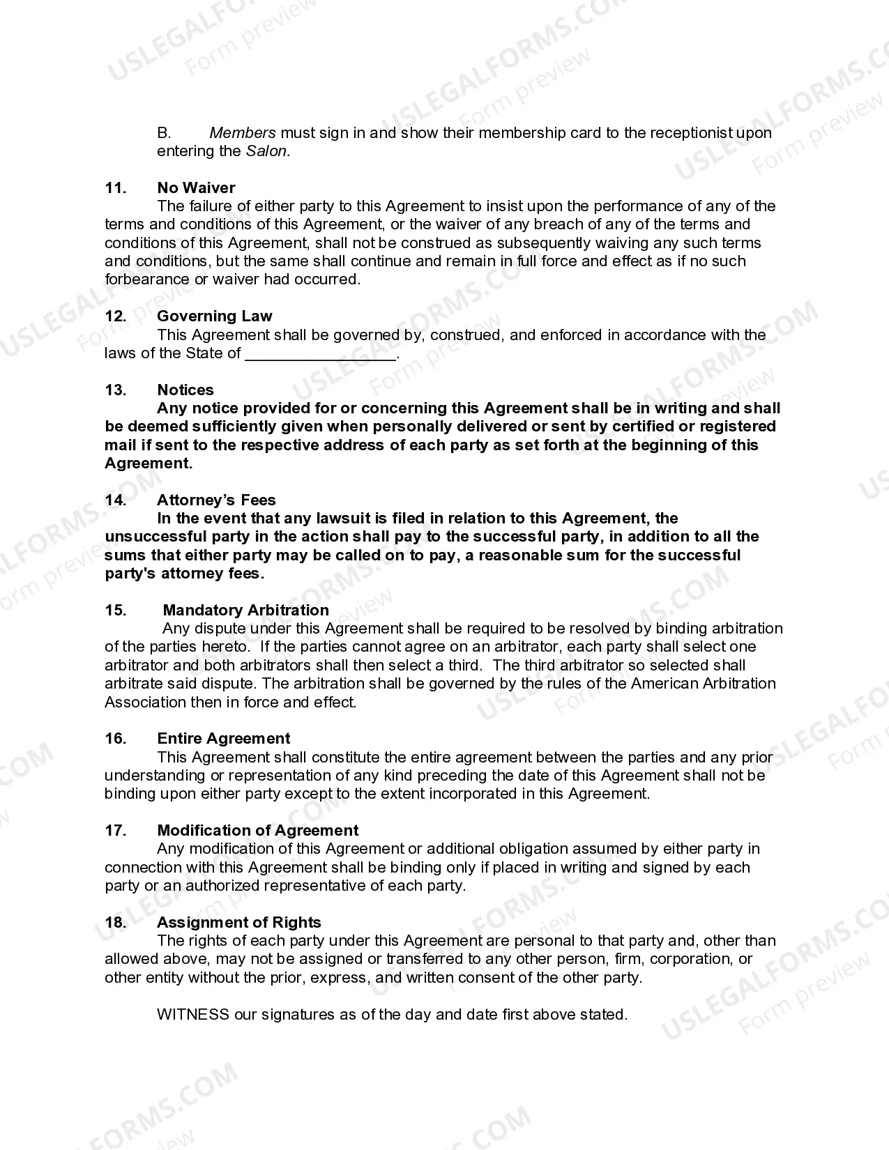 Preview Membership Agreement in Hair and Beauty Salon