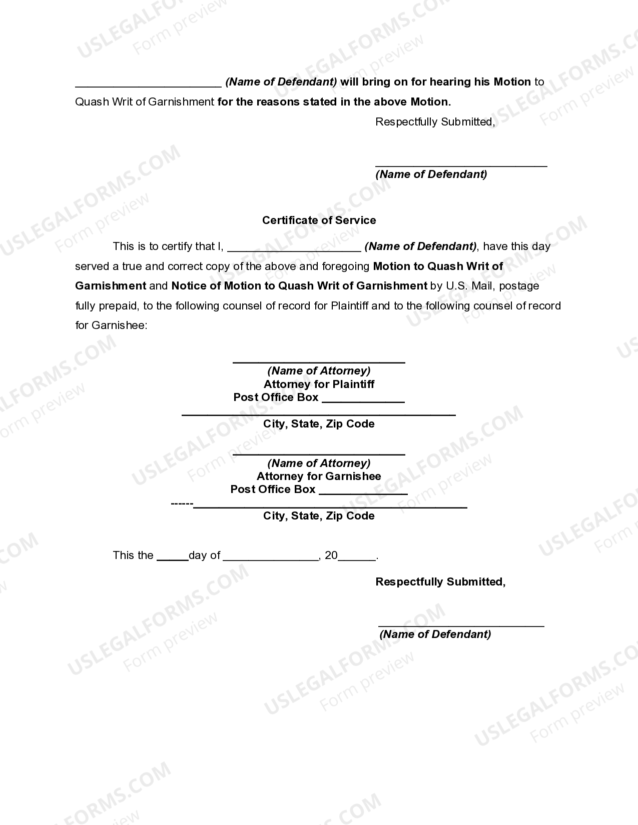 Motion of Defendant to Discharge or Quash Writ of Garnishment and