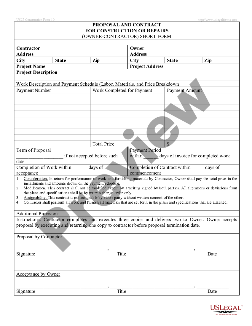 form Proposal and Contract for Construction or Repairs by Contractor - Simple preview