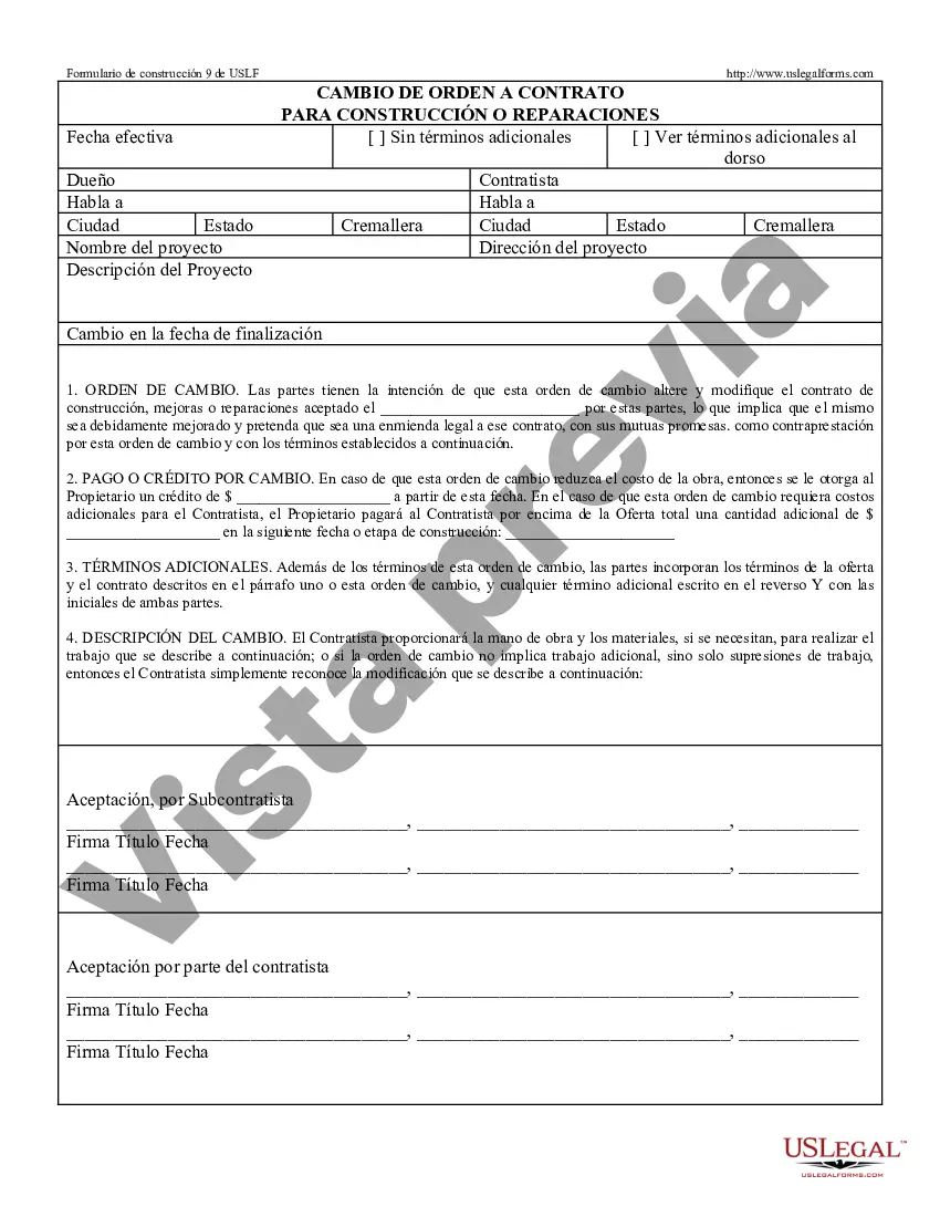 Preview Orden de cambio para construcción o reparaciones por parte del contratista