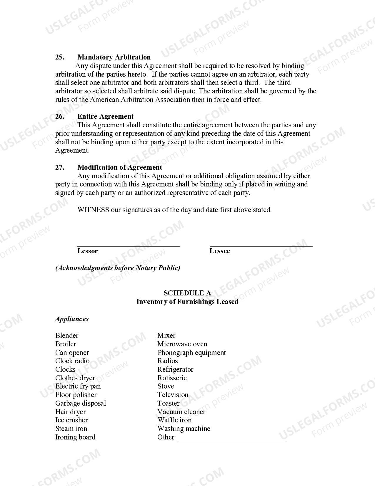 Puerto Rico Lease of Furnished House with Inventory of Furnishings
