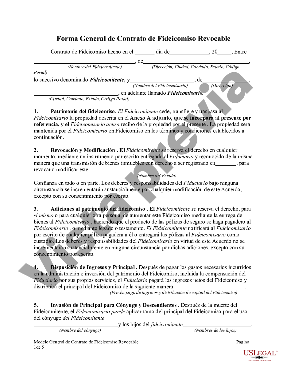 Forma General de Contrato de Fideicomiso Revocable | US Legal Forms