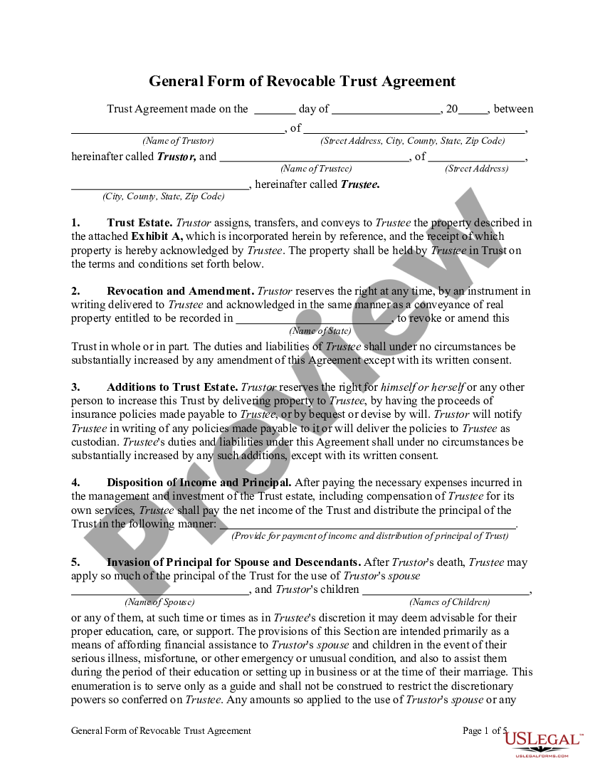 General Form Of Revocable Trust Agreement Revocable Living Trust Forms Printable US Legal Forms