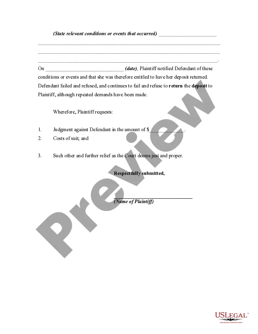 Get Complaint in Small Claims Court for Failure or Refusal to Return Money Deposited for Apartment Preview Complaint in Small Claims Court for Failure or Refusal to Return Money Deposited for Apartment
