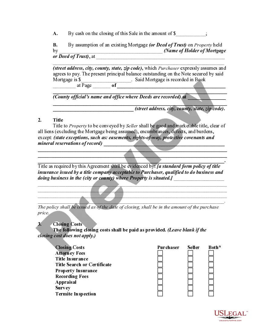 Preview General Form of Agreement of Sale of Residential Property with Assumption of Existing Mortgage or Deed of Trust