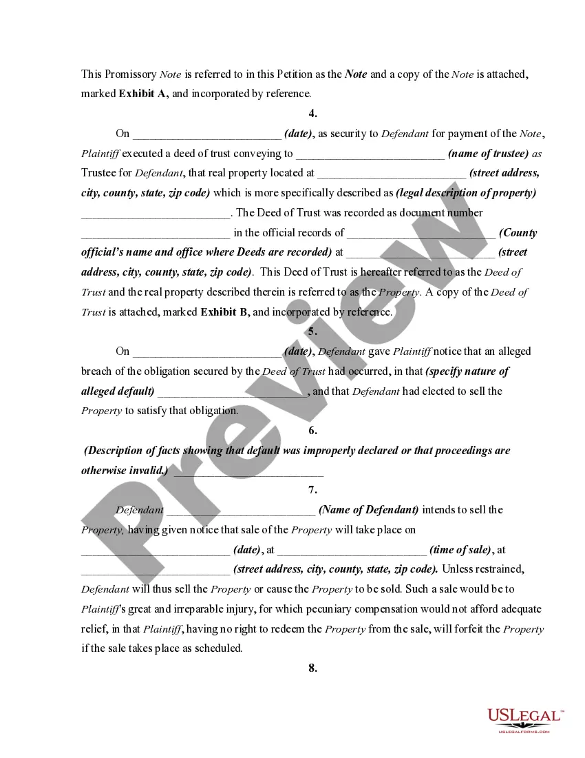 Get Petition or Complaint to Enjoin Nonjudicial Foreclosure Sale and for Declaratory Relief Preview Petition or Complaint to Enjoin Nonjudicial Foreclosure Sale and for Declaratory Relief