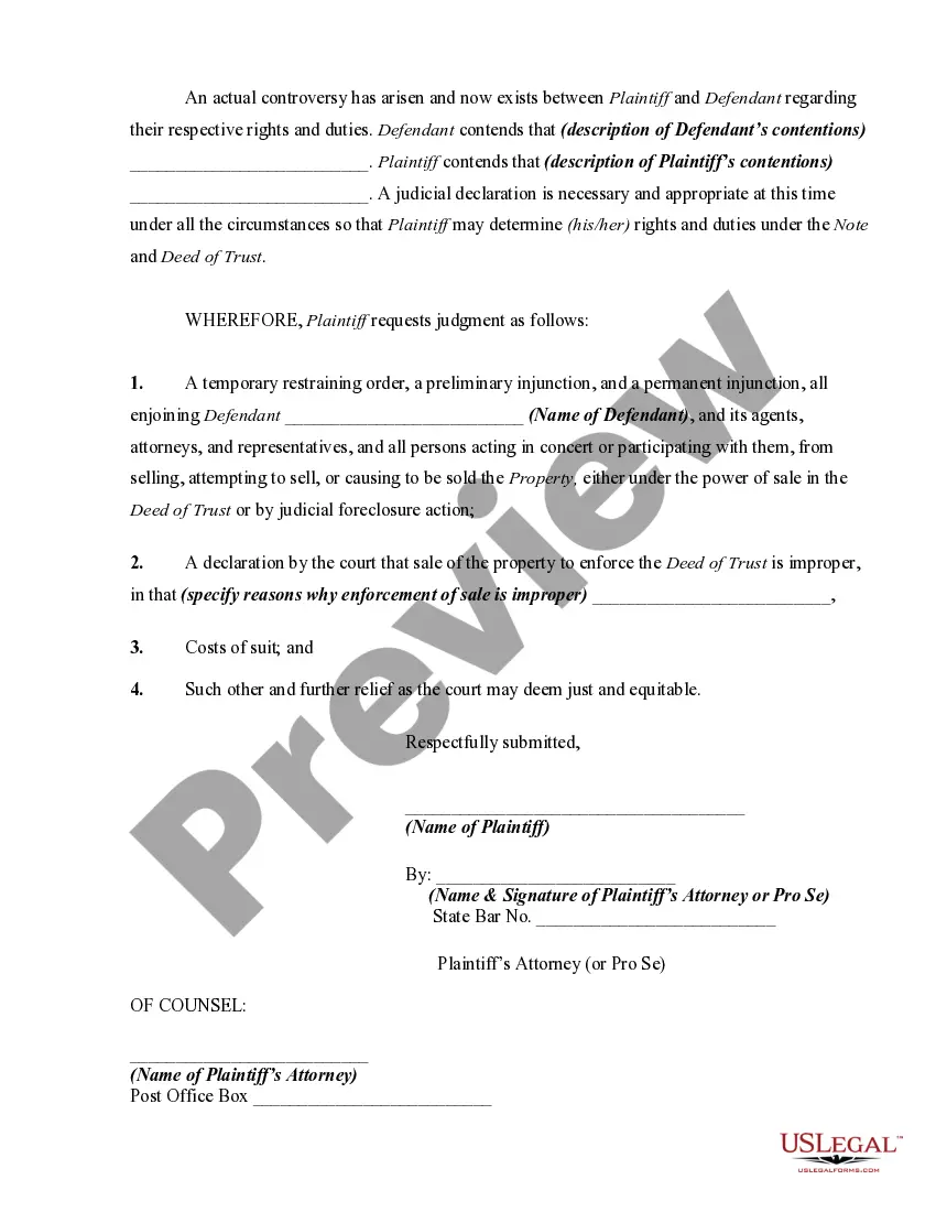 Get Petition or Complaint to Enjoin Nonjudicial Foreclosure Sale and for Declaratory Relief Preview Petition or Complaint to Enjoin Nonjudicial Foreclosure Sale and for Declaratory Relief