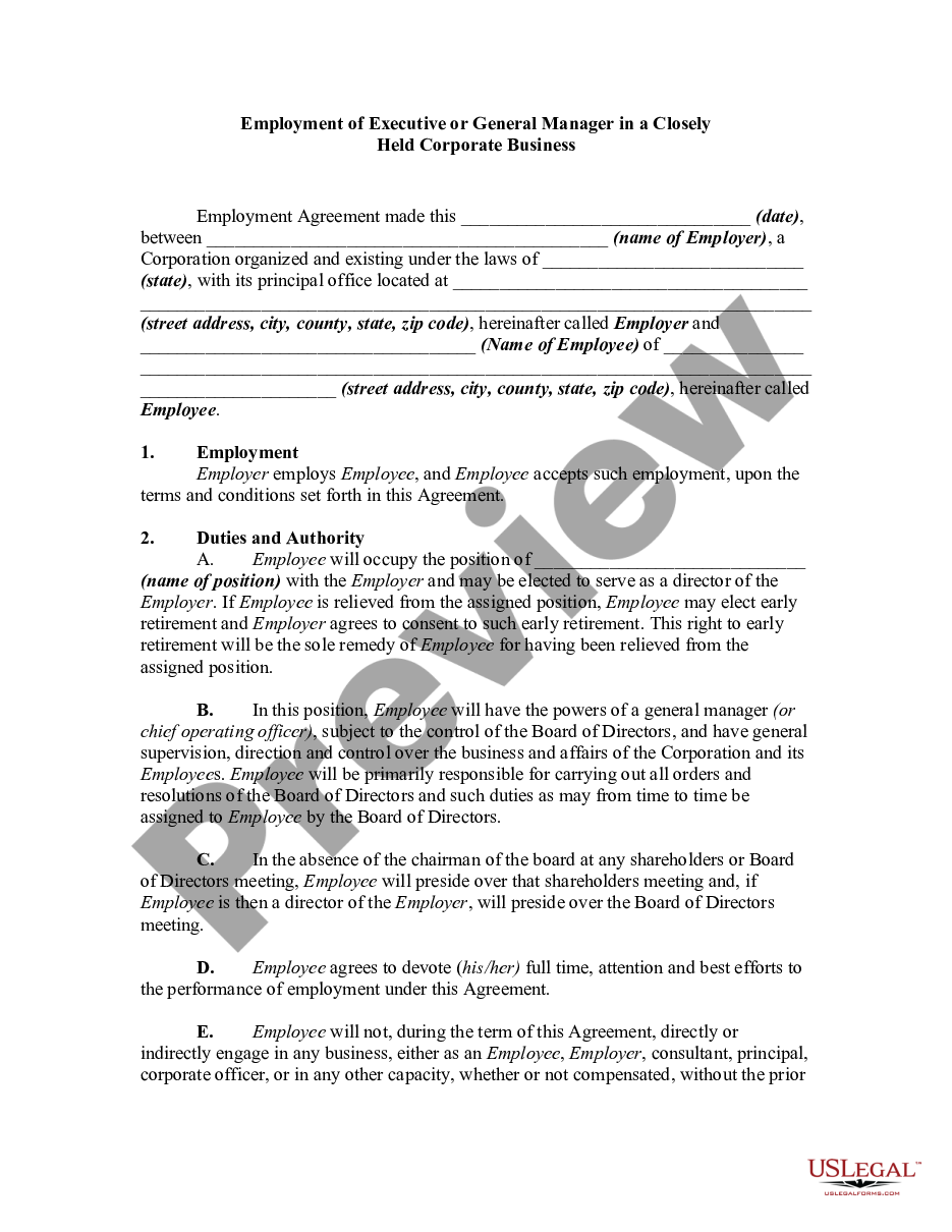 page 0 Employment of Executive or General Manager in a Closely Held Corporate Business preview