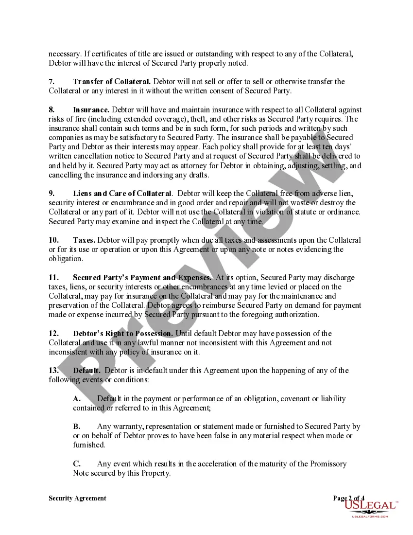 Get Security Agreement in Equipment for Business Purposes - Securing Promissory Note Preview Security Agreement in Equipment for Business Purposes - Securing Promissory Note