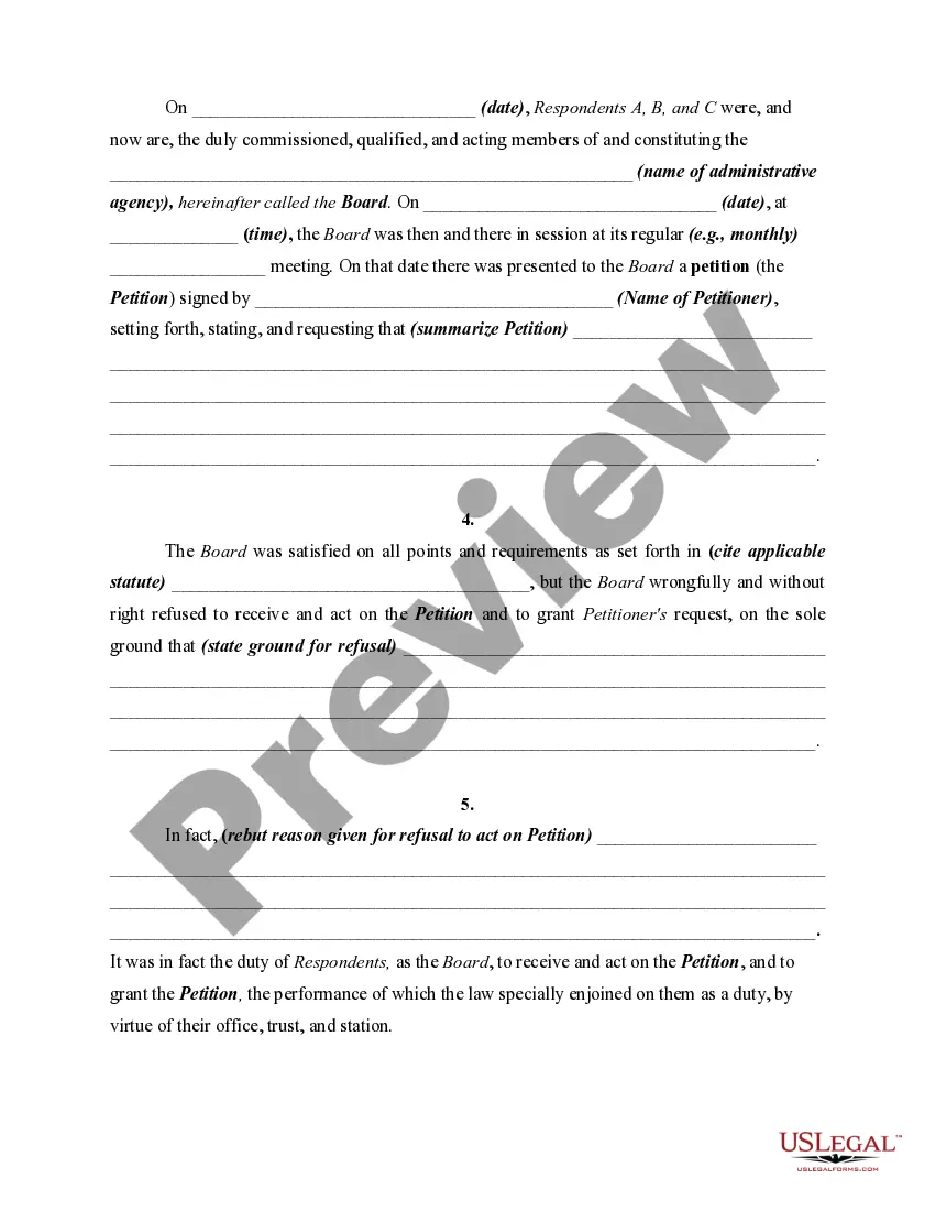 Get Petition or Application for Writ of Mandamus or Mandate for Refusal of Administrative Agency to Act on Petition Preview Petition or Application for Writ of Mandamus or Mandate for Refusal of Administrative Agency to Act on Petition