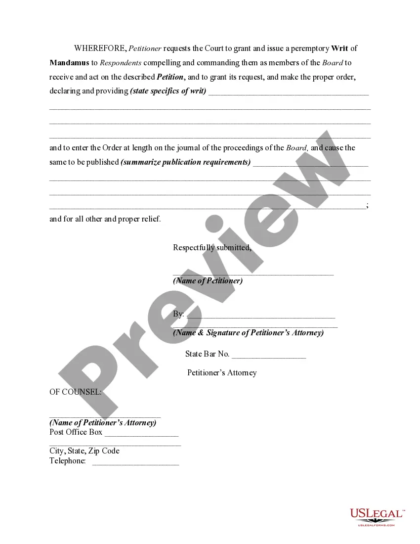 Get Petition or Application for Writ of Mandamus or Mandate for Refusal of Administrative Agency to Act on Petition Preview Petition or Application for Writ of Mandamus or Mandate for Refusal of Administrative Agency to Act on Petition